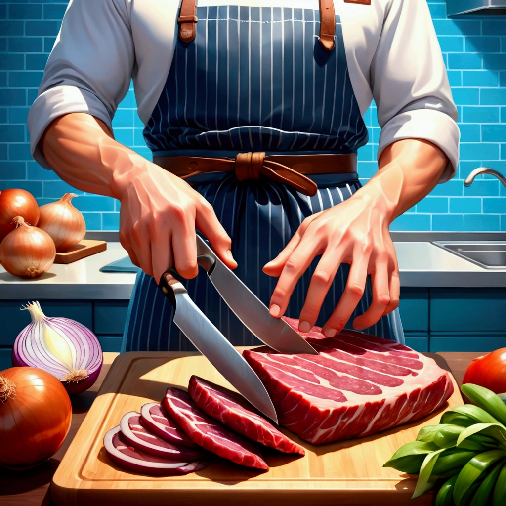 cutting board,knife,food,kitchen knife,male focus,solo,holding knife,meat,holding,1boy,onion,(Food close-ups:1.1),