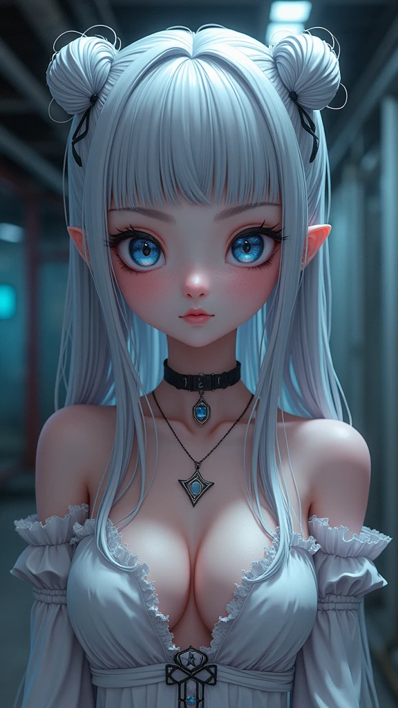 cute magical girl, (double bun, blunt bangs, silver straight long hair), amorous and lewd face, make-up, blue eyes, great proportion, white gothic bare top dress, choker, background dimly lit basement, (ultra detailed, absolutely resolution, best quality:1.3), 2.5D, delicate and dynamic, artistic photography, hyper realistic, graphic CG digital anime-style art