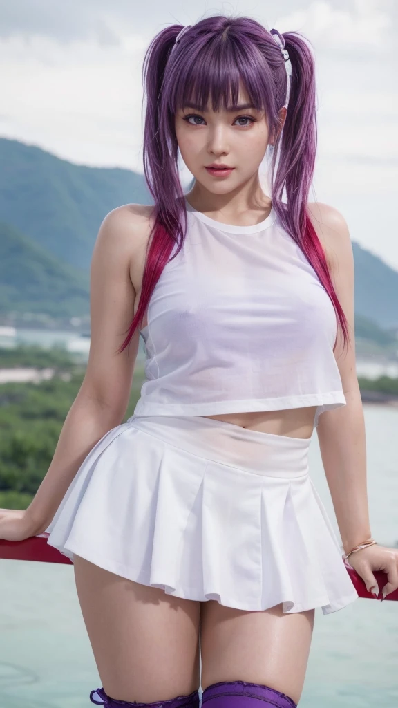 Ayane, purple hair, red eyes, (best quality, ultra-detailed), (realistic:1.37), beautiful and detailed face, ultra-realistic texture, delicate face, delicate body, red lipstick, long-lasting colors. high definition, 8K. expression with a sexy look