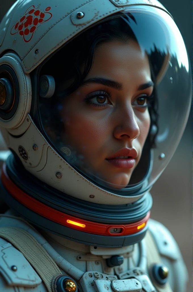 beautiful detailed eyes, beautiful detailed lips, extremely detailed eyes and face, long eyelashes, 1 woman, Arabian Moroccan woman, height 170 cm, weight 70 kg, medium body size, standing, NASA space suit, photorealistic, in other planet, advanced technology, futuristic environment, dramatic lighting, vivid colors, cinematic composition, intricate details, masterpiece, dark, full body view