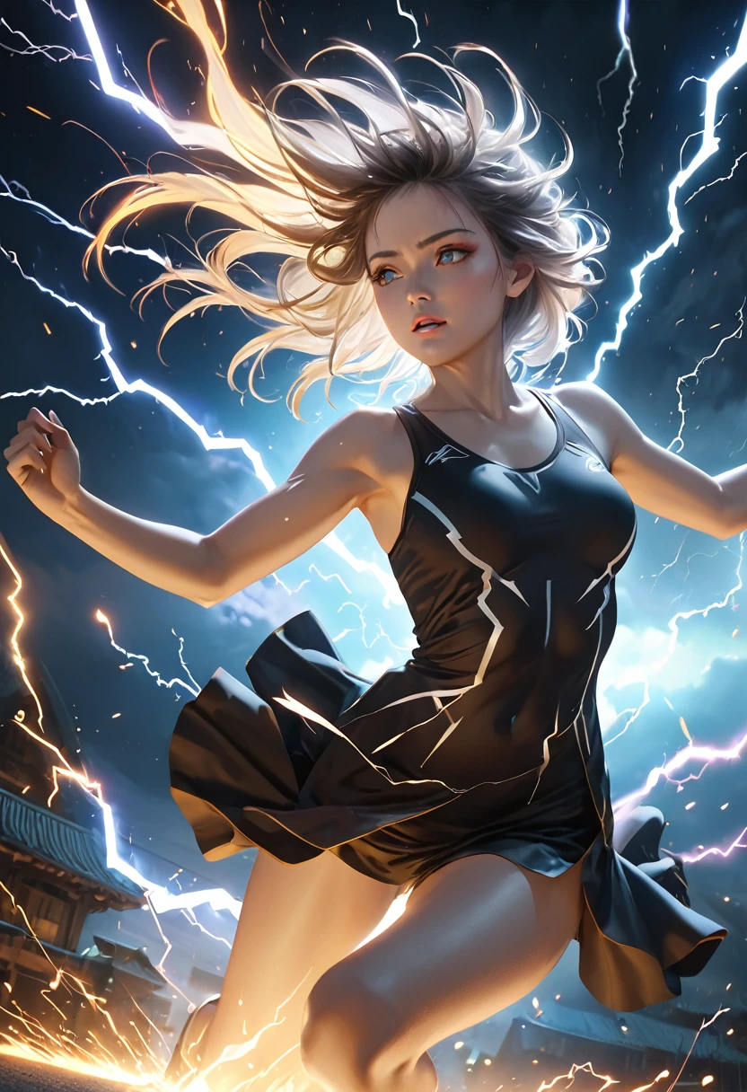 1girl,night sky,floating girl,arms spread,running lightning bolts,looking down eyes,white aura emanating from body,(best quality,4K,8k,highres,masterpiece:1.2),ultra-detailed,(realistic,photorealistic,photo-realistic:1.37),cinematic,dramatic lighting,ethereal,mystical,fantasy,Vibrant colors, thunder roars、Dazzling Light