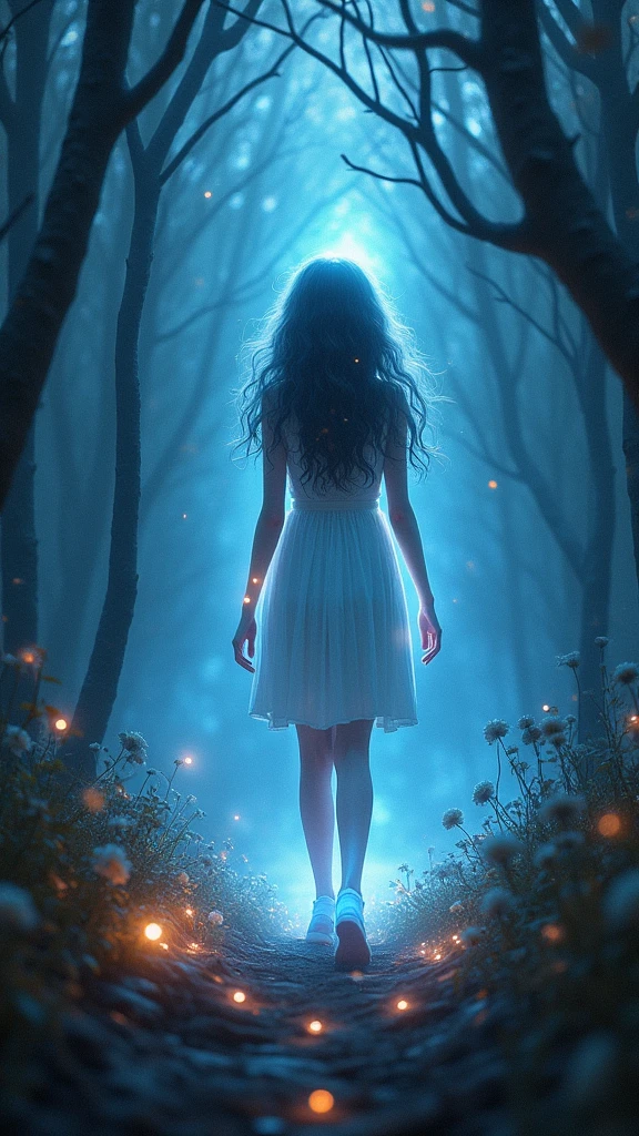 portrait,In this fantasy painting,a girl with a translucent glowing Body wanders through a mysterious forest,Surrounded by strange lights,superior_Body，Smile