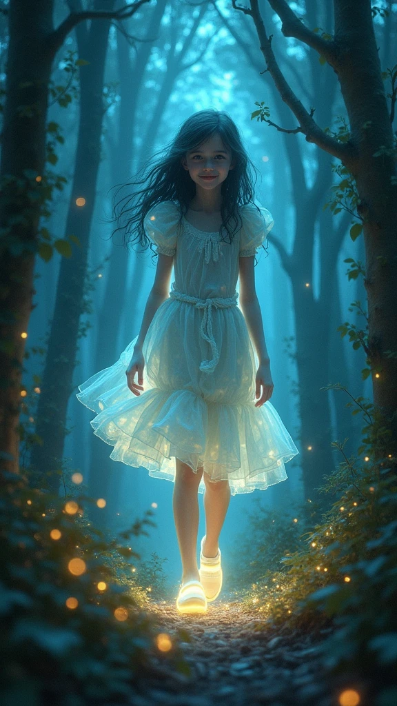 portrait,In this fantasy painting,a girl with a translucent glowing Body wanders through a mysterious forest,Surrounded by strange lights,superior_Body,Smile