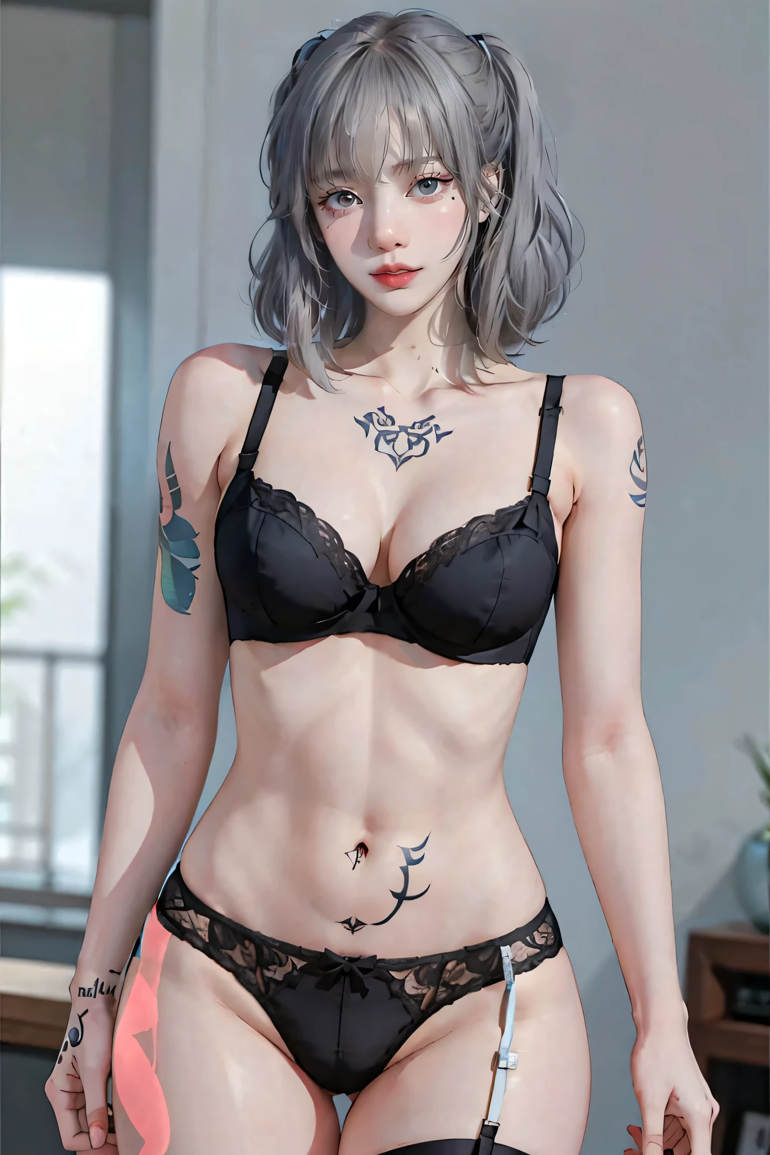 1 Female, Gray Hair, Beautiful breasts, lingerie, (Bra falls off 1.5) Fishnet tights, ((Numerous tattoos all over the body))), Muscular, Big thighs, Narrow waist, Toned Abs,((Multiple tattoos covering the entire body:1.2)),panties