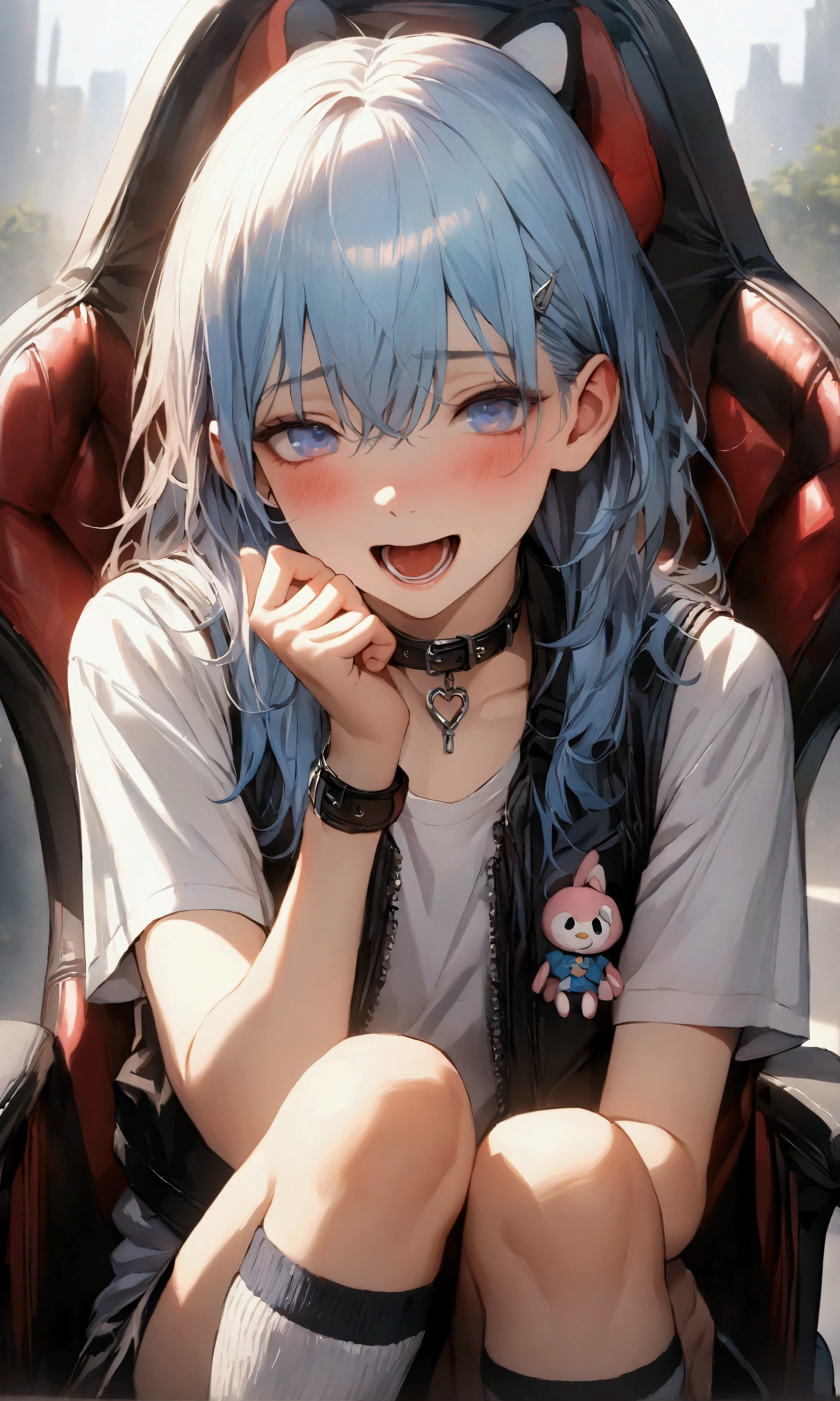 (Masterpiece. The best quality. 8k. Sharp focus. Depth of field, The best shadows. Perfect lighting. HDR. Realistic skin texture. Ultra-detailed background. Detailing). Anime style. 1 cute boy,16 years old, Blue Hair, Gorgeous, Medium Length Hair, ( blue eyes), best quality, high resolution, masterpiece, Very detailed, Male focus, sit, shirt, Pants, best quality, excellent quality, Best aesthetics, absurd, He plays computer games in his gaming chair,Wearing knee socks、Pink panties、My Melody Cropped Vest and Collar,Open mouth,Blushing shy
