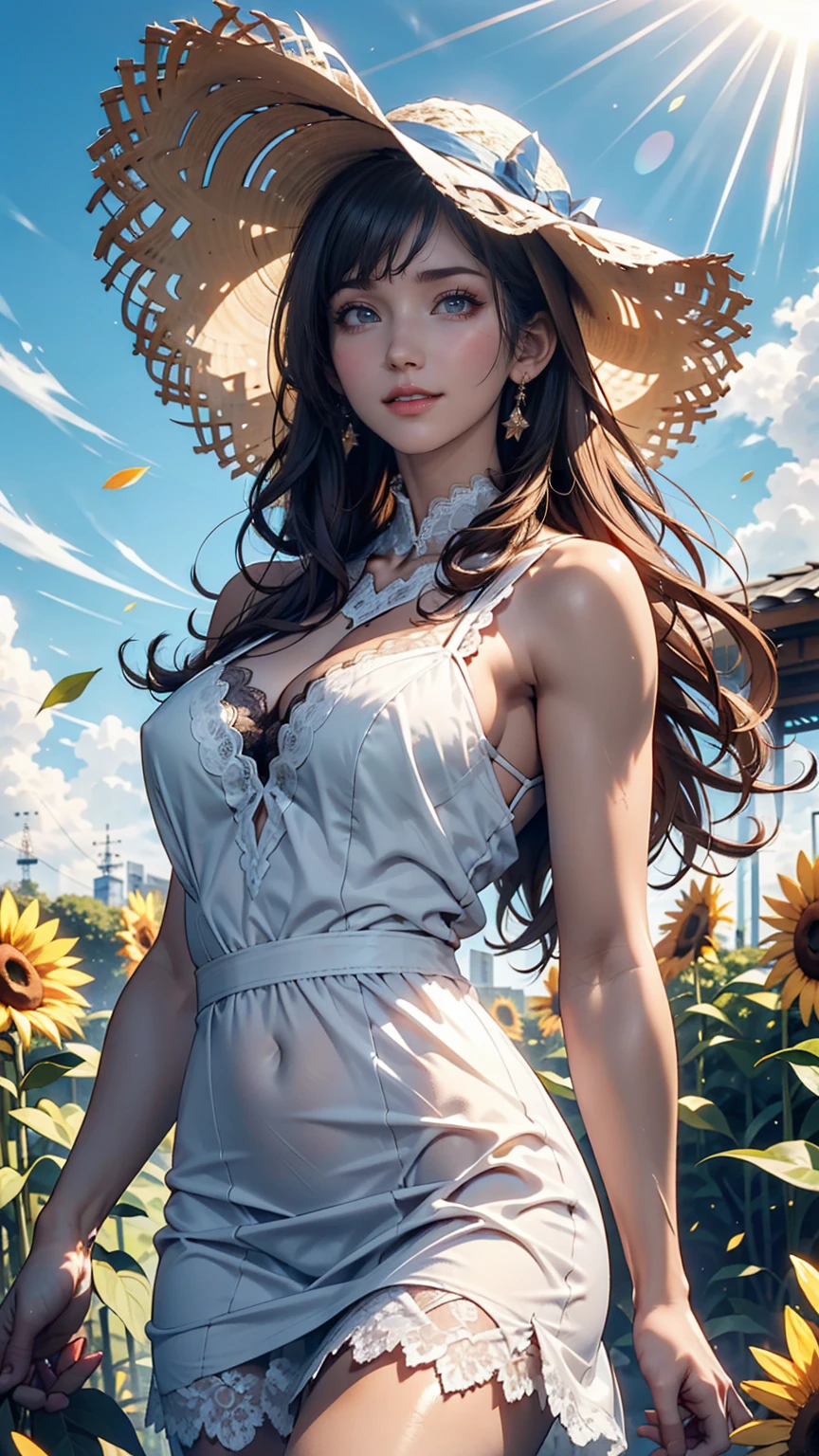 Fuwa Aika,One girl,alone, (White lace dress:1.2),loose fitting dress (sun visor hat:1.2), Sunflower field, Under the sunlight, A light smile,View your viewers, Wind, dynamic, Strong light and shadow,dynamic pose,