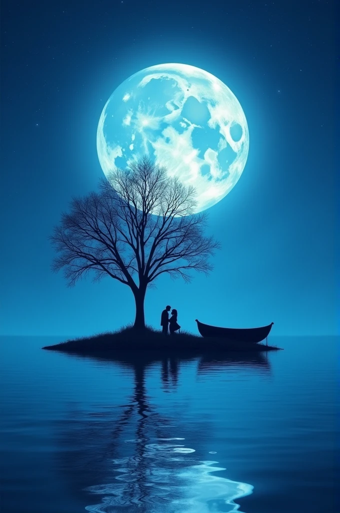 Generate a serene night scene on a small island. The island should be surrounded by calm, reflective water. A large, bright full moon should dominate the night sky, casting a soft blue glow across the scene. The sky should be filled with stars, adding to the tranquil atmosphere.On the island, place a tall, leafless tree in the center. Beneath the tree, depict a couple: one person kneeling, possibly proposing, and the other standing. Their silhouettes should be clearly visible against the moonlit backdrop. To the right of the island, include a small, empty rowboat floating on the water. Ensure the reflections of the tree, couple, and boat are visible in the water, enhancing the peaceful and romantic mood of the image