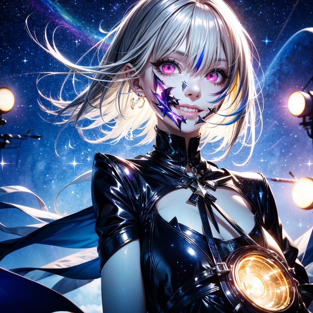 Starry Sky、ephemeral、universe、beautiful girl、, colored inner hair, silver hair, blonde hair, floating hair, medium hair, multicolored eyes, mismatched sclera, evil smile, Surrealism, cinematic lighting, sparkle, UHD, retina, masterpiece, anatomically correct, super detail, award winning, best quality, highres
