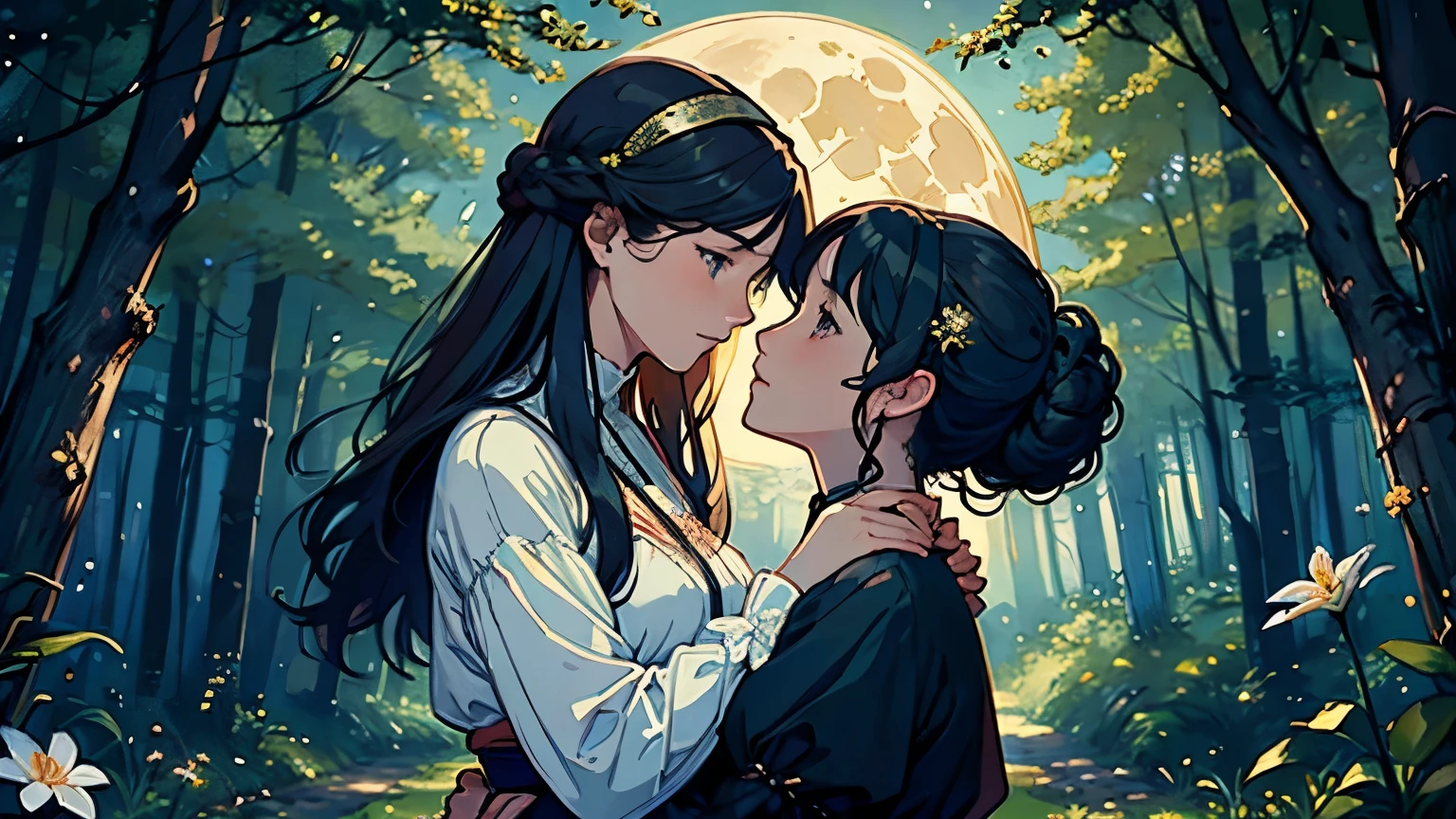 (Highest quality, masterpiece, High resolution)、4K Anime Art、Soft Light、(Two women hugging each other in the forest、20-year-old)、(Detailed depiction of a beautiful face)、Put your hair up、Medieval European Dress、 evening、A woman is holding a lantern、Fireflies are flying、Lily flowers are blooming、In the woods of England、(Full moon in the night sky:1.2)、(Pre-Raphaelite style)、(Edmund Leighton Style)、(Sergeant Style)、