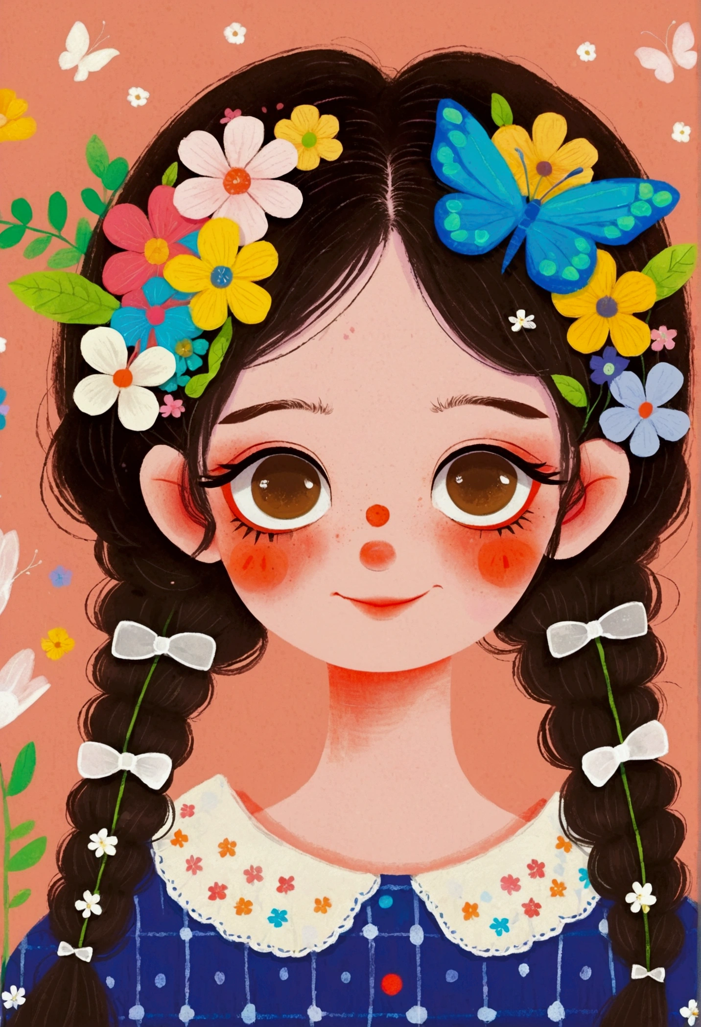 A face full of flowers、Illustration of a cute little girl, big eyes，Smile，Two pigtails，The Art of Mathematics ，Hot trends, The Art of Mathematics, 采用数码Illustration style, The Art of Mathematics. The Art of Mathematics illustration, Cute illustrations, The breath of spring, Illustration Art, Illustration style, Drawn in a whimsical style