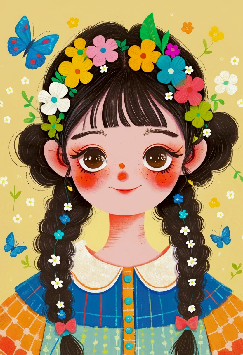 A face full of flowers、Illustration of a cute little girl, big eyes，Two pigtails，The Art of Mathematics ，Hot trends, The Art of Mathematics, 采用数码Illustration style, The Art of Mathematics. The Art of Mathematics illustration, Flowers covering eyes, Flower-faced girl, Cute illustrations, The breath of spring, Illustration Art, Illustration style, Drawn in a whimsical style