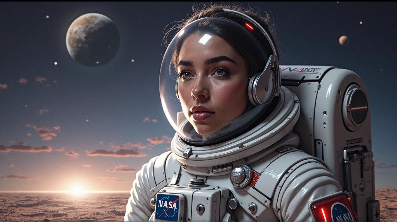 beautiful detailed eyes, beautiful detailed lips, extremely detailed eyes and face, long eyelashes, 1 woman, Arabian Moroccan woman, height 170 cm, weight 70 kg, medium body size, standing, NASA space suit, photorealistic, in other planet, advanced technology, futuristic environment, dramatic lighting, vivid colors, cinematic composition, intricate details, masterpiece, dark, full body view