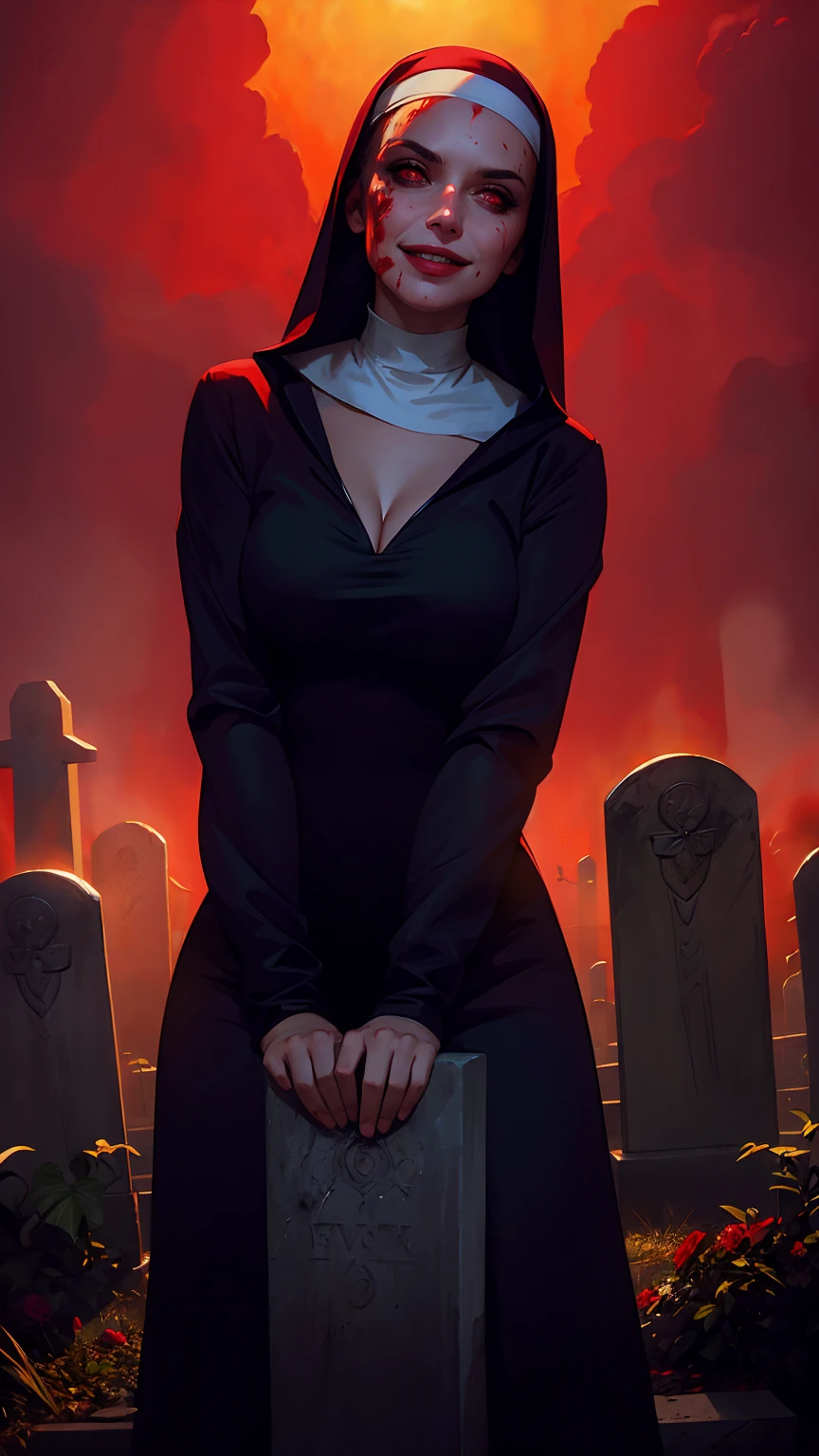 A nun vampire, (straddling:1.2) a tombstone, cleavage, (bloodied face), (glowing_red_eyes), (evil smile:1.2), frown, (in the middle of the foggy night in a cemetery), (partially illuminated by the night light:1.2), brilliant red sky, (best quality, high resolution, outstanding composition, masterpiece:1.4), in style of Nicola Samori
