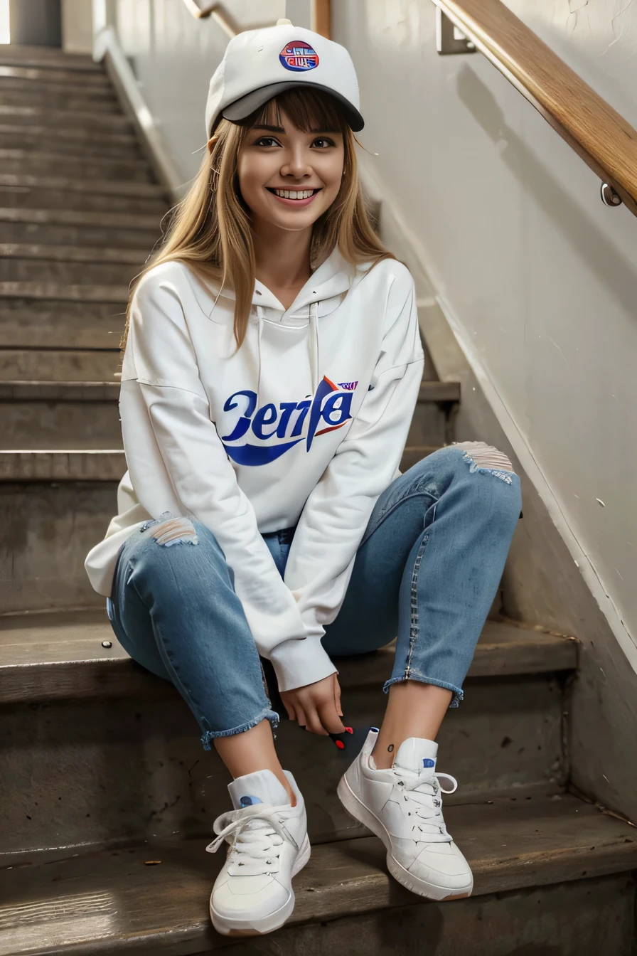 Highest quality, Realistic, Very detailed, The finer details, High resolution, 8k wallpaper, Beautiful woman, Sitting on the stairs 、 oversized pepsi hoodie, Skinny jeans, White sneakers 、 Wear black socks 、 Loose blonde hair 、 Beautiful Bangs 、 hat baseball, ear piercing、smile、Beautiful teeth alignment,Long Hair,Perfect dynamic composition,Beautiful and detailed,Full Body Shot,Big smile,