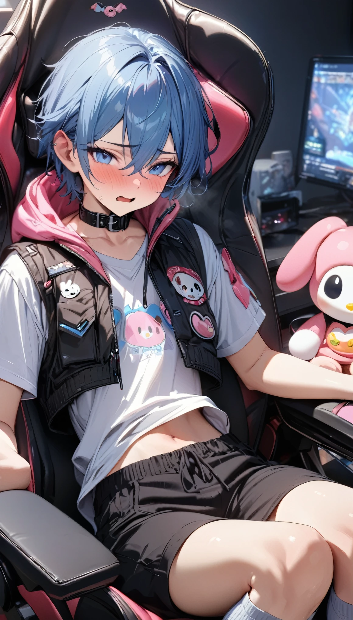 (((best quality)), ((masterpiece)), (details), masterpiece, best quality, high quality, ulutra detailed, perfect face,1 cute boy,, Blue Hair, Gorgeous, ( blue eyes), best quality, high resolution, masterpiece, Very detailed, Male focus, sit, shirt, Pants, best quality, excellent quality, Best aesthetics, absurd, On his gaming chair,The background is the bedroom computer,Wearing knee socks、Pink panties、My Melody Cropped Vest and Collar,Open mouth,Blushing shy