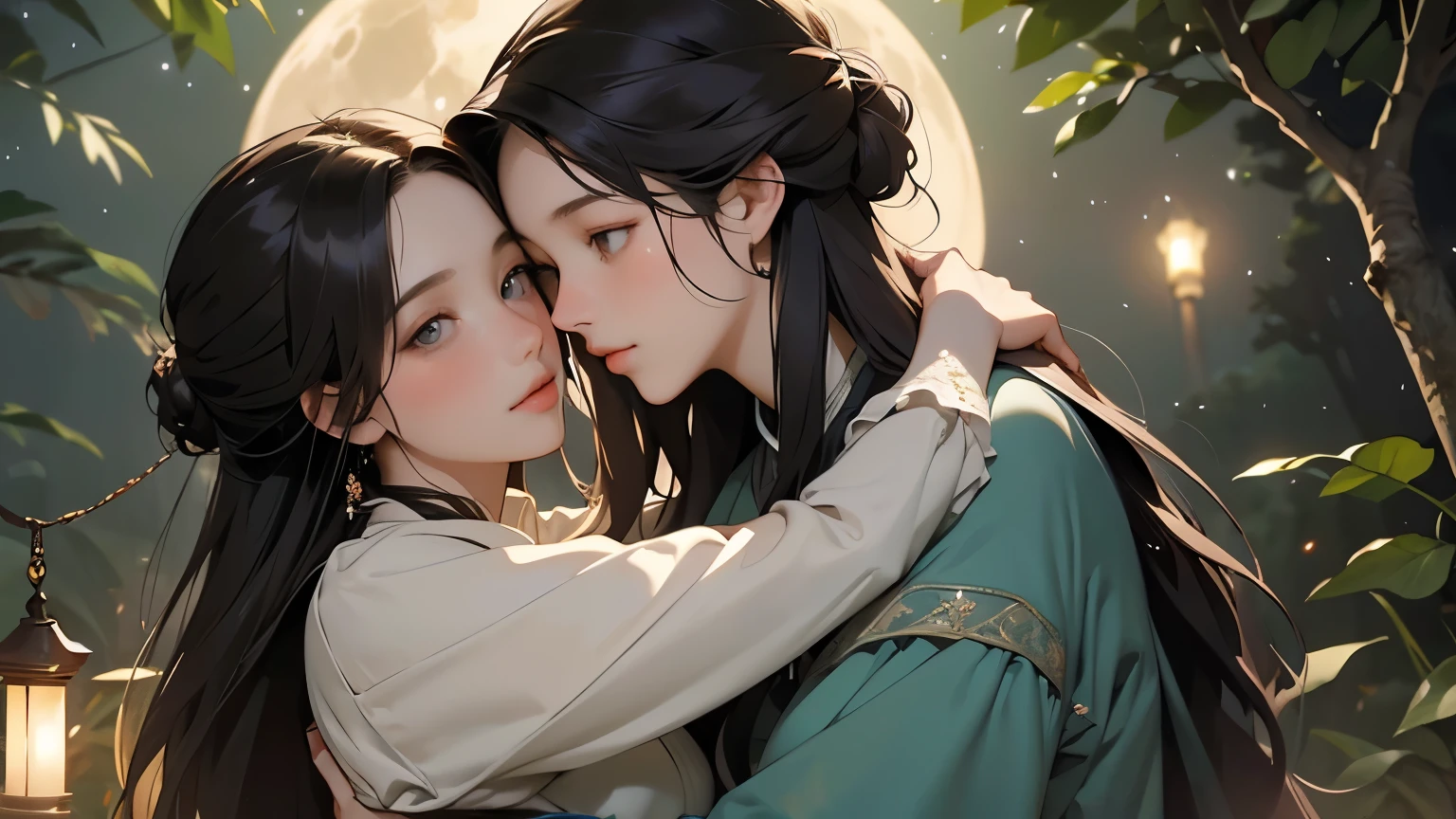 (Highest quality, masterpiece, High resolution)、4K Anime Art、Soft Light、(Two women hugging each other in the forest、20-year-old)、(Detailed depiction of a beautiful face)、Put your hair up、Medieval European Dress、 evening、A woman is holding a lantern、Fireflies are flying、Lily flowers are blooming、In the woods of England、(Full moon in the night sky:1.2)、(Pre-Raphaelite style)、(Edmund Leighton Style)、(Sergeant Style)、