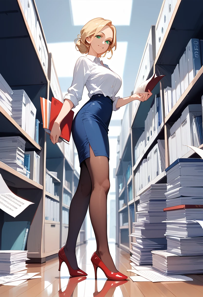 (score_9,score_8_up,score_7_up),1woman,solo,source_anime,mature,big sister,middle age,blonde hair,green eyes, white shirt, pantyhose, (blue skirt:1.2), pencil skirt, red stiletto heels, warm smile, warm eyes, view from side, walking, holding a pile of papers, tiled floor, office open space, looking at viewer, looking to the side