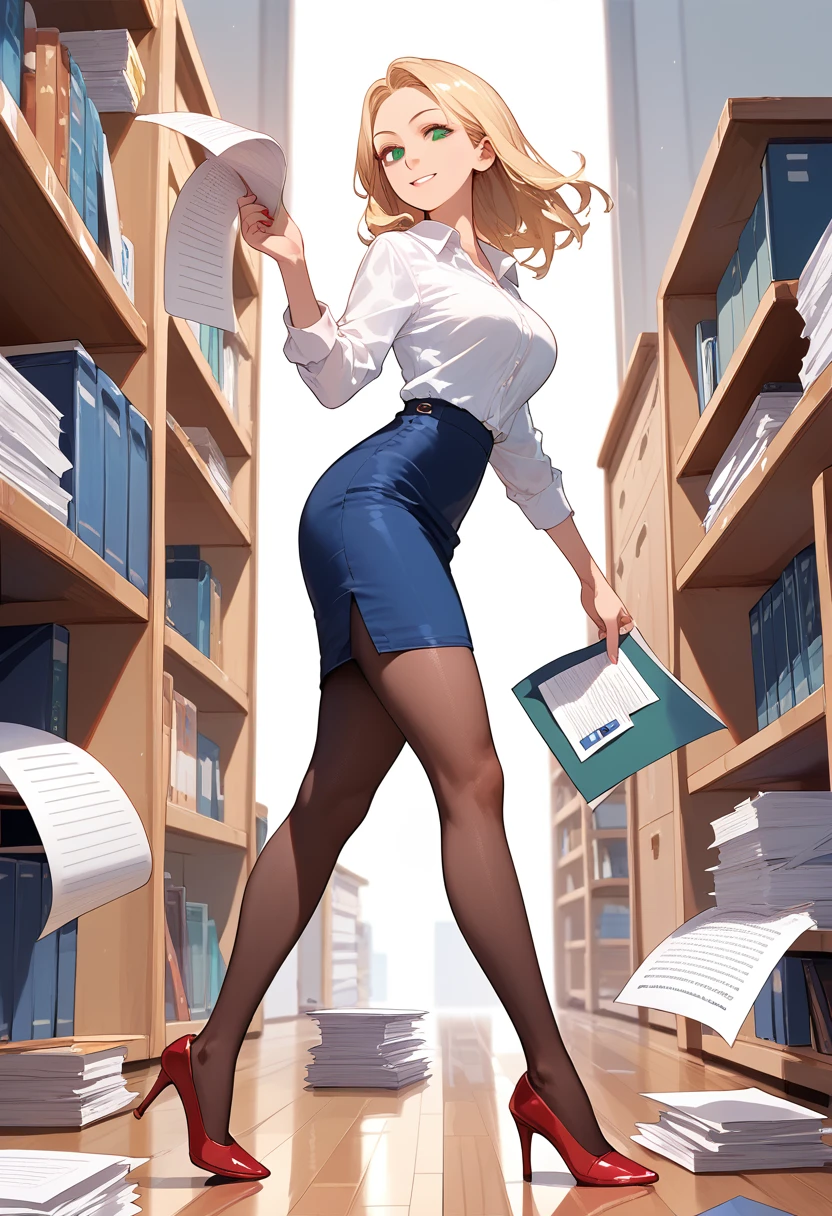 (score_9,score_8_up,score_7_up),1woman,solo,source_anime,mature,big sister,middle age,blonde hair,green eyes, white shirt, pantyhose, (blue skirt:1.2), pencil skirt, red stiletto heels, warm smile, warm eyes, view from side, walking, holding a pile of papers, tiled floor, office open space, looking at viewer, looking to the side
