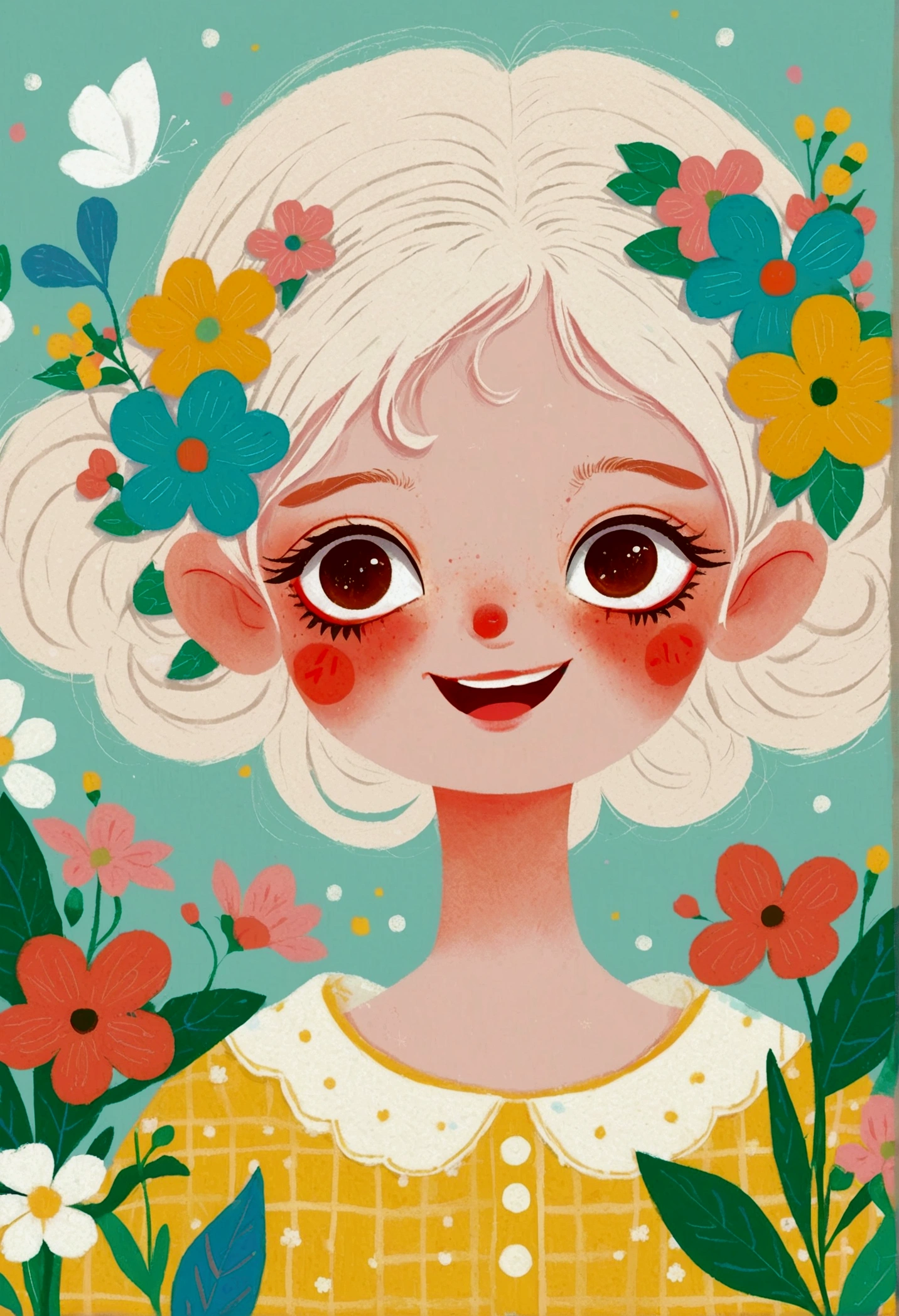 A face full of flowers、Illustration of a cute little girl, big eyes，laughing out loud，White hair，The Art of Mathematics ，Hot trends, The Art of Mathematics, 采用数码Illustration style, The Art of Mathematics. The Art of Mathematics illustration, Cute illustrations, The breath of spring, Illustration Art, Illustration style, Drawn in a whimsical style