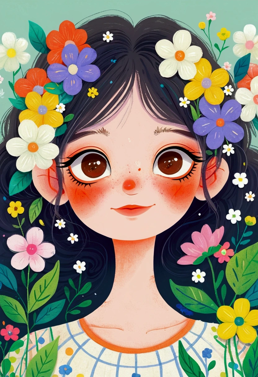 A face full of flowers、Illustration of a cute little girl, big eyes，laughing out loud，White hair，The Art of Mathematics ，Hot trends, The Art of Mathematics, 采用数码Illustration style, The Art of Mathematics. The Art of Mathematics illustration, Cute illustrations, The breath of spring, Illustration Art, Illustration style, Drawn in a whimsical style