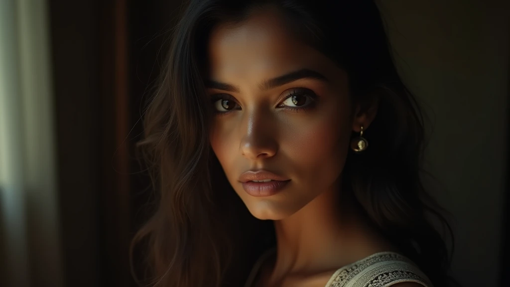 a beautiful mysterious Indian woman, Western fashion, intricate detailed face, piercing eyes, long eyelashes, delicate skin, natural beauty, flowing hair, candid elegant pose, dramatic lighting, cinematic mood, muted color palette, chiaroscuro lighting, high quality, photorealistic, 8k, intricate details, professional rendering