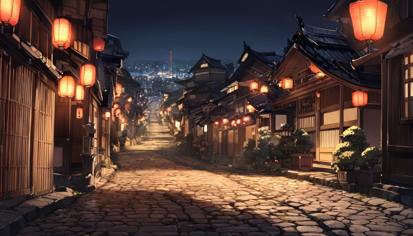 Seimei Shrine floating in the dark night、The approach to the shrine illuminated with a mysterious light、Visitors々Silhouette of、In the background is the cityscape of Kyoto at night.、Cobblestones and lantern lights continue