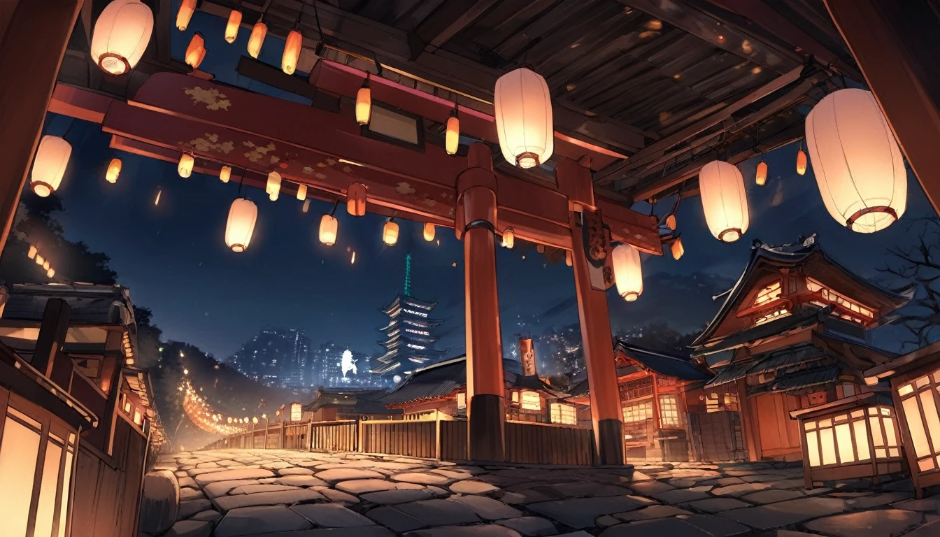 Seimei Shrine floating in the dark night、The approach to the shrine illuminated with a mysterious light、Visitors々Silhouette of、In the background is the cityscape of Kyoto at night.、Cobblestones and lantern lights continue