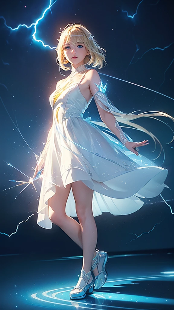 (masterpiece:1.2), best qarity, (illustration:1.2), (ultra detaild), hyper details, (delicate detailed), (intricate detailes), (cinematic light, best qarity Backlights), Delete line, soloist, perfectbody, (1ガール), An (((adult girl))) standing, wearing her (((glass shoes))), emitting a (((bioluminescent glow))) that casts a (((dynamic lightning pattern))), accompanied by (((sparkling flecks))), against a backdrop of a (((white dress))), with a (((shimmering light beam))), reflecting off her (((blond hair with side-swept bangs))), and (((sharp, reflective blue eyes)))., (make up), hight contrast, (better lighting, an extremely created and beautiful), (cinematic light), showy,Thunder roars、Dazzling Light、