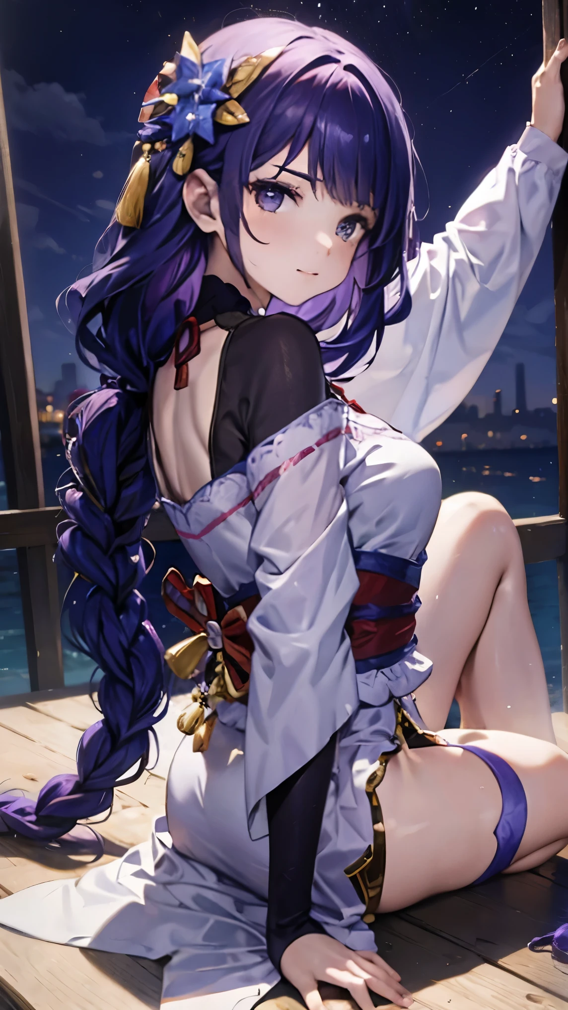 Cute Girls、Spread your legs、Butt、On all fours、Panties、Buttを突き出す、look back、Dark purple kimono、kneel、Low - Angle、Braided long hair、Purple Hair、night