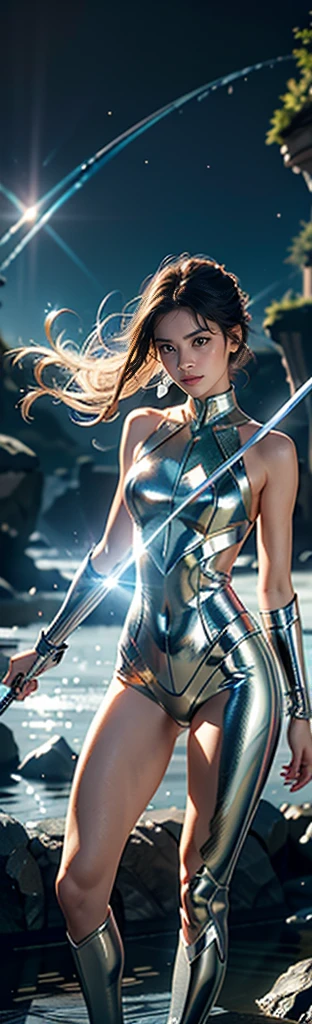 ((Highest quality, masterpiece, Realistic)),  smile、Adult female、（Holding a metallic sword）、（ Metallic Sky Blue Dress）, Messy [Updo|Hanging] hair,  alone,   Detailed Background, Detailed face, Sc3pt4, Sci-Fi Theme:1.1), Mercury Wizard, melancholic, Surrounded by iridescent silver waves, Image of alchemy, reflection, silver liquid, Metallic luster, Shiny, Dynamic pose, Fluid movement, Suspended particles, Drops of mercury, Flowing Metal, Mercury Blend, Alien planet in the background, Dripping mercury layer, （Holding a metallic sword）、Volumetric lighting, Cinematic atmosphere, Sharp details, Skin with attention to detail, Realistic skin texture, Adult sexiness、（Sexy thighs）、（Sexy sleeveless high leg metal suit）、smile、（Hold the sword）