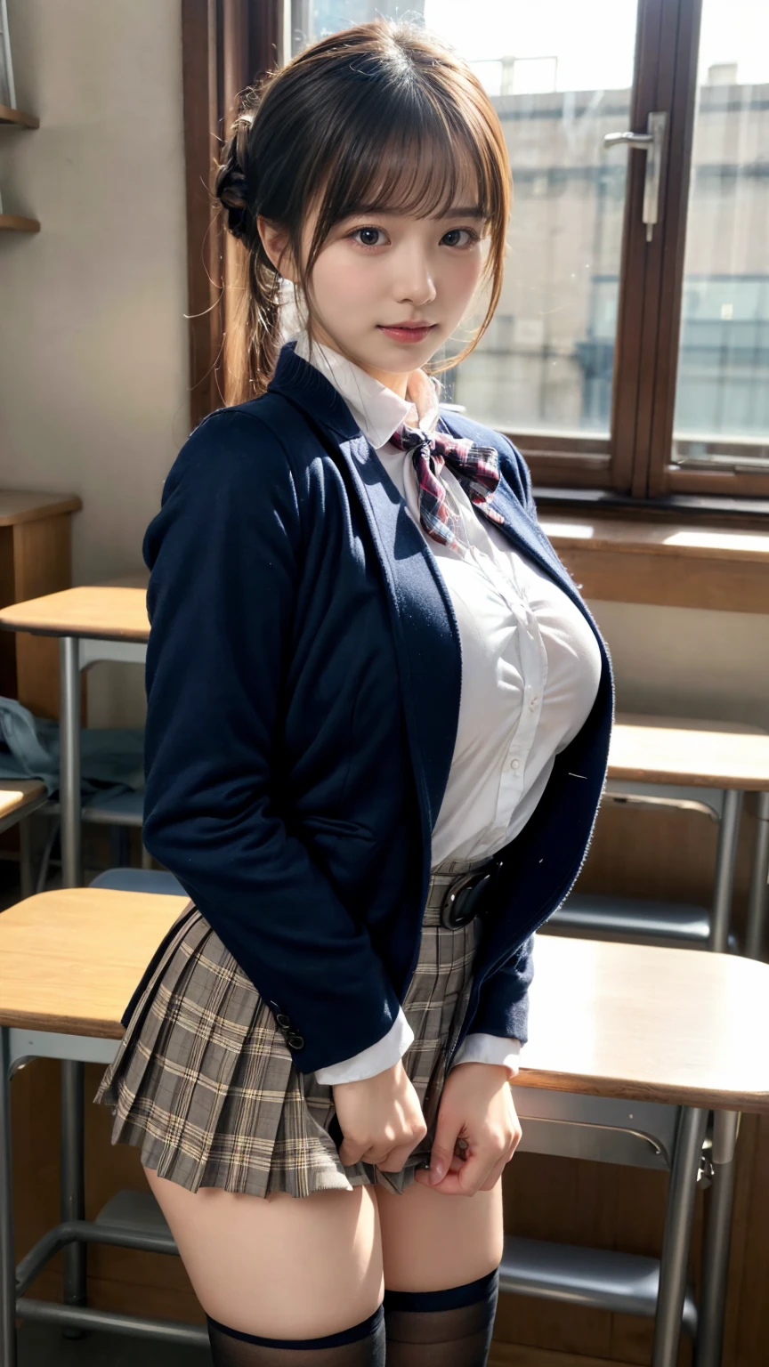 masterpiece, best quality, illustration, Super detailed, fine details, High resolution, 8K,wall paper, perfect dynamic composition,(Details High quality, realistic depiction of eyes:1.3), from side, High School Classroom、High school girl uniform、blazer 、Super Short Check Uniform Skirt、Navy blue high socks、garterbelts、plump breasts, Disturbed uniform, (updo:1.2), black hair color, large breasts, Big Natural Color Lip, bold sexy pose, (perfect body shape), crying a little、20 year old girl、cute type, beautiful legs, hposing Gravure Idol, Voluptuous thighs