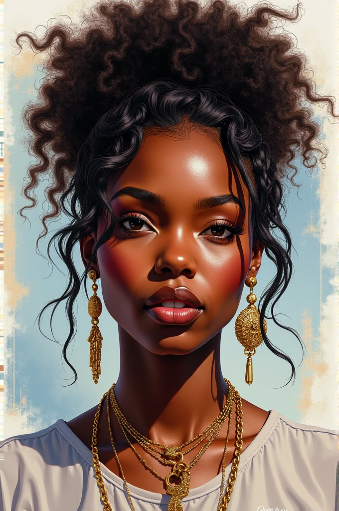 Beautiful black women paintings, Pretty Face, wearing flashy gold Chains, Hip Hop, affectionate, Avant-garde, Street Queen, Check it out, Ultra-fine inspired by WLOP, Art Station Trends, Fantasy Art, Complexity and confusion, The Art of Batting, Wallop Art, WLOP |, Influence, Beautiful character painting, Wlop style, WLOP | The germ of art, Unparalleled glass beauty, Figurative Art, Intense watercolor, Watercolor Detail Art, Watercolor splash, Surrealism, Avant-garde波普艺术, Beautiful and expressive paintings, Beautiful art illustration, rich and colorful, wonderful, Cruel beauty, masterpiece, best quality, Official Art, Women only, Clear outline, Best Shot, vector art, author:Sandra Chevrier, Dave McKean、Richard Avedon、screenwriter:Markiz Kuciala (Makizi Kuciala), Luminous design