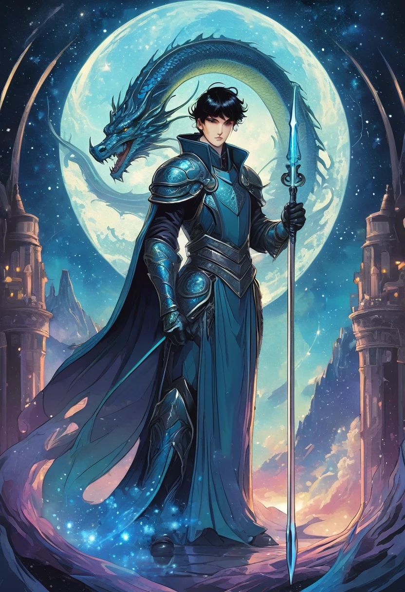 fantasy border, tall man with short black hair and white eyes, he is a dark mysterious paladin holding a long spear with dragon features with a glowing blue blade, background of galaxies and milky way, good anatomy, dynamic pose, good proportions, modern style, vector, highly detailed, intricate, masterpiece, realistic, professional, Dark Fantasy, d&d, (centered), (well framed), vector-art, gradient color, detailed, realistic, professional art masterpiece, (Art Nouveau), Illustration by Alphonse Mucha, (vector-art:1.1) Negative prompt