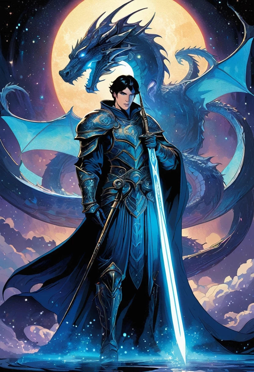 fantasy border, tall man with short black hair and white eyes, he is a dark mysterious paladin holding a long spear with dragon features with a glowing blue blade, background of galaxies and milky way, good anatomy, dynamic pose, good proportions, modern style, vector, highly detailed, intricate, masterpiece, realistic, professional, Dark Fantasy, d&d, (centered), (well framed), vector-art, gradient color, detailed, realistic, professional art masterpiece, (Art Nouveau), Illustration by Alphonse Mucha, (vector-art:1.1) Negative prompt