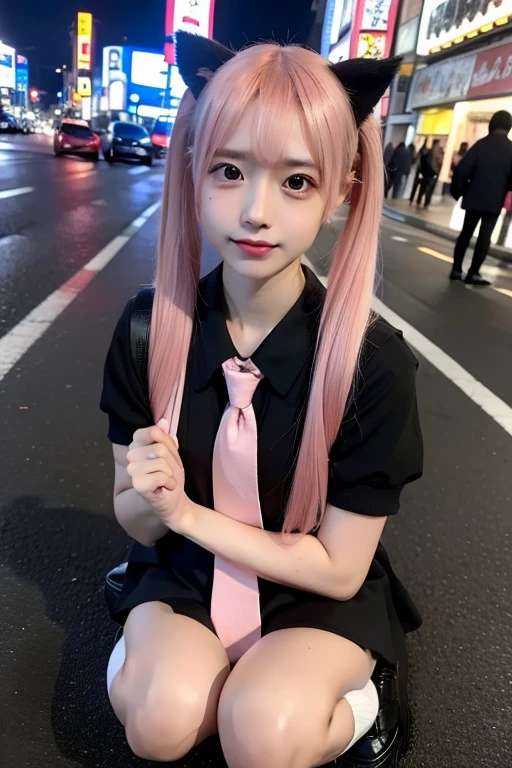 ,((Pink Hair))、((Pink Hair))、((Twin tails))、Small fox ears、((Highest quality、8k、masterpiece))、((Landmine Girl))Highest quality、Professional Writing、 Detailed workmanship、High resolution、(8k, High resolution:1.2)、(RAW Photos, Realistic:1.3)、 ((日本のhigh school girlの夏の制服))、masterpiece、Slim figure、High resolutionの顔、The face is in focusone 女の子, (A beauty girl, Delicate girl:1.3), (16 years old, change:1.3),((On the streets of Kabukicho at night))、1. high school girl、18-year-old、very cute、High Cut 、Sitting on the floor:1.3、raising her upper body、Bend your legs and raise your knees、Hug your knees in front of your chest:1.1、Black socks、Brown Loafers、Thin legs、Beautiful legs、解剖学的にCorrect limbs、Correct limbs、Glancing sideways at the camera、blush、Very embarrassed、High resolutionの顔、The face is in focus、Ultra high definition and beautiful eyes、Eyes are symmetrical、High quality and beautiful skin、Firm Skin、masterpiece、High resolution、8k、Highest quality