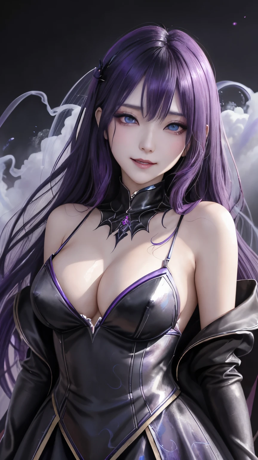 強力なスーパーevil女がクローズアップでポーズをとる, Black Goddess (Exposing shoulders), length, Flowing purple hair, View your viewers, Highly detailed face, Perfect hands, Blue smoke swirling around her, evil事を愛する, Captivating blue eyes, Dark fantasy, Genuine, Symmetric, Attention to detail, Esoteric arachnids lady, Spider Queen Elise, League of Legends, Esoteric arachnids, Combat Stance, ( The body is made with liquid metallic paints in metallic mauve and metallic black...、It beautifully depicts the female form...。), length, Sharp Fangs, nature, ((Complex metallic colors in the foreground)), (( Fluid Mechanics, The most beautiful smooth scale face makeup, Smirking expression)) - Dark blood, Onyxia、Noir painting of a beautiful young witch, length purple hair, dark purple lips, evil, evil女, smile, Black Prom Dress, She is coming to you, close, Bright Blue Eyes, Surrounded by swirling pink smoke, Genuine, Attention to detail, Highest quality