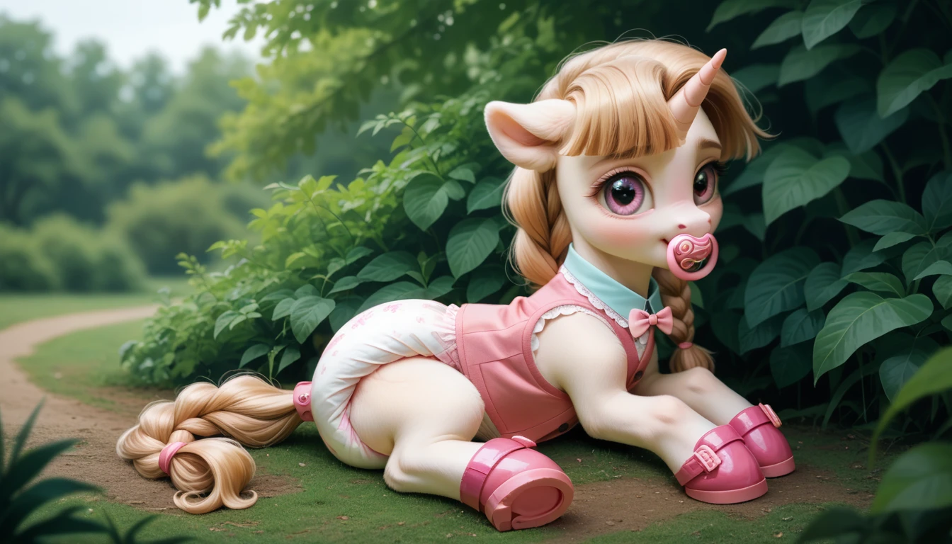 pony, light caramel unicorn, adult filly, plum eyes, lush mane braided, bushy tail, sitting outside, dressed in a hot pink vest and pink booties, pink pacifier in mouth, solo, thick light pink diaper under clothes.