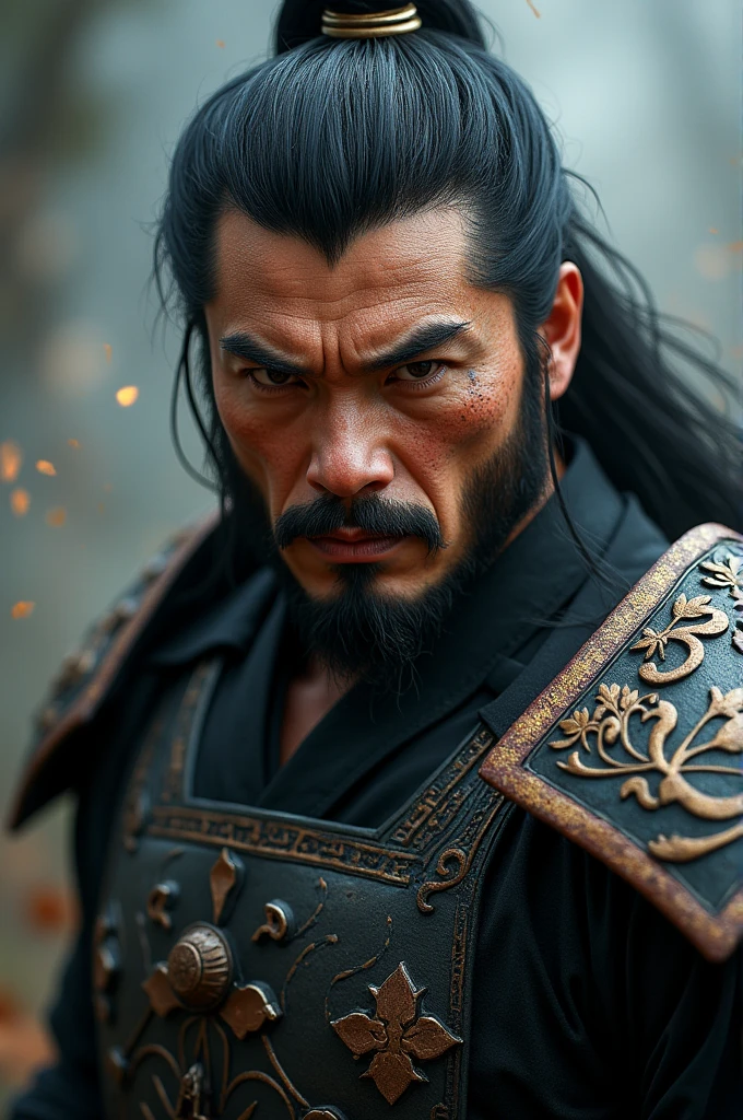 a muscular chinese warrior with stubble, black hair and blood on his face, wearing armor and looking at the audience, 1 boy, upper body, detailed facial features, masculine, fantasy art, xianxia style, cinematic lighting, dramatic shadows, moody colors, photorealistic, masterpiece, 8k, ultra-detailed