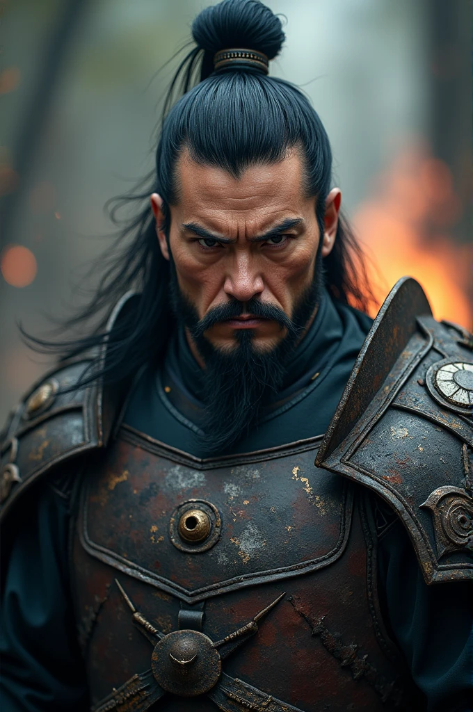 a muscular chinese warrior with stubble, black hair and blood on his face, wearing armor and looking at the audience, 1 boy, upper body, detailed facial features, masculine, fantasy art, xianxia style, cinematic lighting, dramatic shadows, moody colors, photorealistic, masterpiece, 8k, ultra-detailed