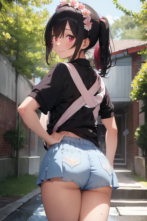 masterpiece、1 female student、Smile、Light pink lips、posing at school,(The whole body is soaked),legs are open, alone, Black polo shirt, looking at the audience, (Thick thighs:1.0),Yazawa Nico,red eyes, Blushed,Blunt hair,hands on hips,greet,Floral headdress,White yoga pants,Cover the bottom with your hands,View from behind