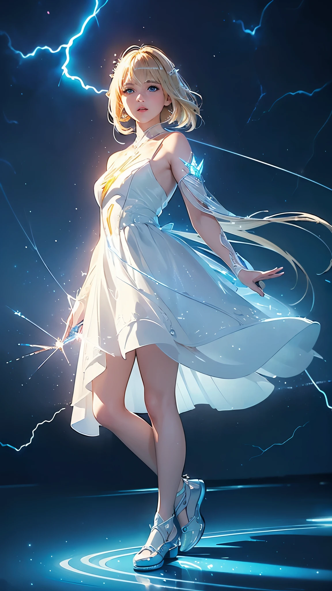 (masterpiece:1.2), best qarity, (illustration:1.2), (ultra detaild), hyper details, (delicate detailed), (intricate detailes), (cinematic light, best qarity Backlights), Delete line, soloist, perfectbody, (1ガール), An (((adult girl))) standing, wearing her (((glass shoes))), emitting a (((bioluminescent glow))) that casts a (((dynamic lightning pattern))), accompanied by (((sparkling flecks))), against a backdrop of a (((white dress))), with a (((shimmering light beam))), reflecting off her (((blond hair with side-swept bangs))), and (((sharp, reflective blue eyes)))., (make up), hight contrast, (better lighting, an extremely created and beautiful), (cinematic light), showy,Thunder roars、Dazzling Light、