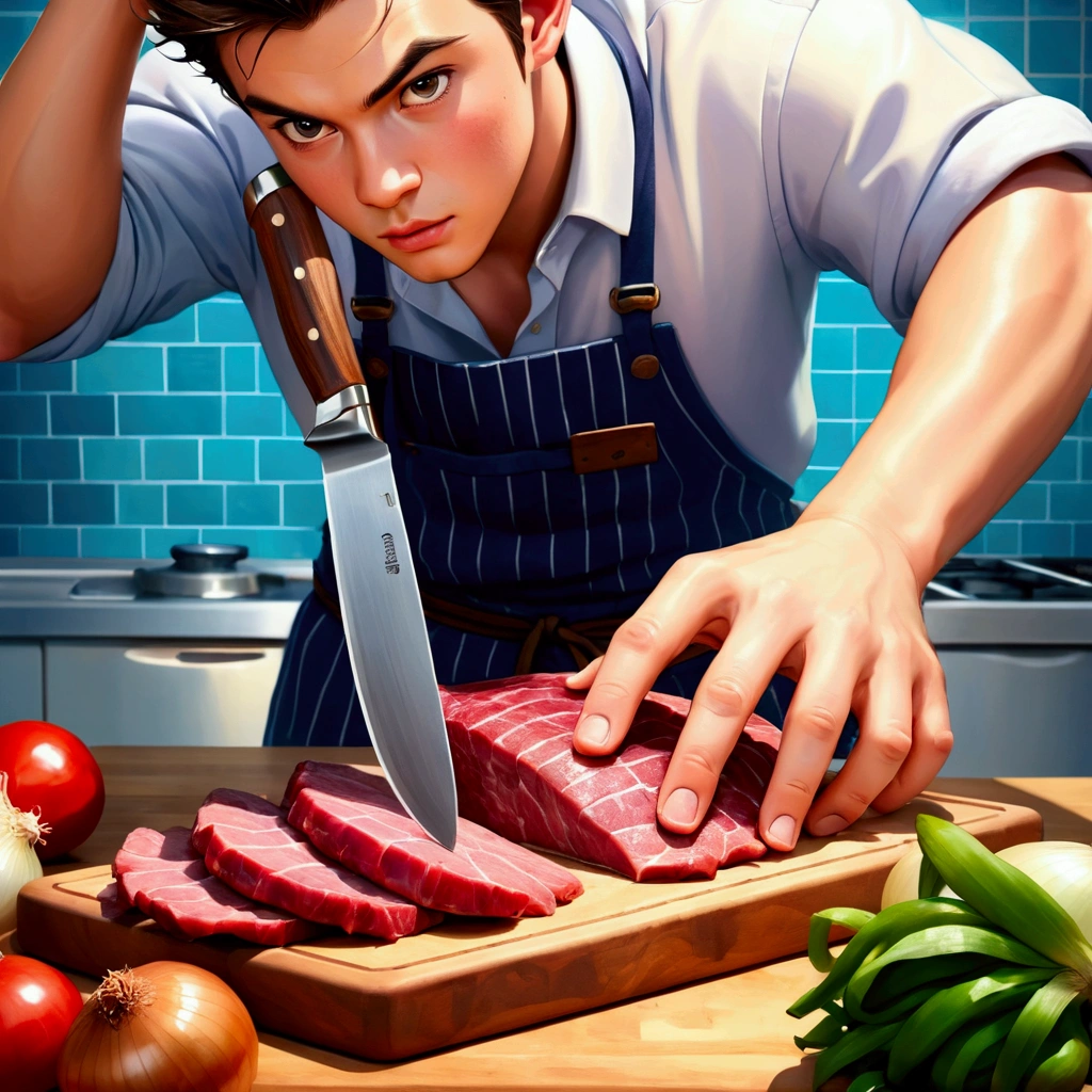 cutting board,knife,food,kitchen knife,male focus,solo,holding knife,meat,holding,1boy,onion,(Food close-ups:1.1),