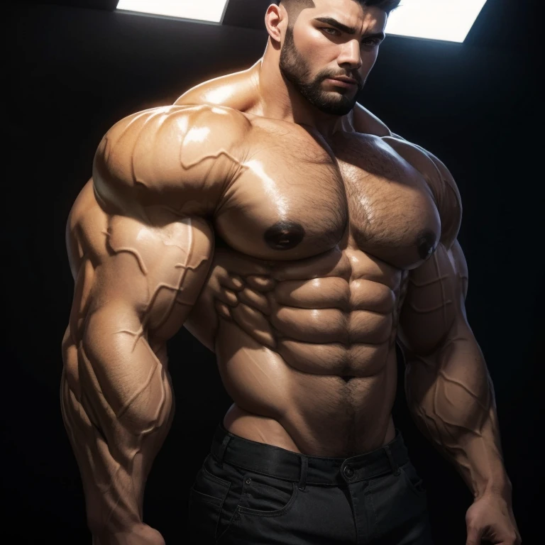 hyper growth, furry hyper, hyper muscles, furry growth, a young and very handsome man, shirtless, extremely handsome, very handsome and extremely handsome face, short hair, mid fade haircut, massively muscular, with massively large muscles, with massively large biceps and arms, on a black background