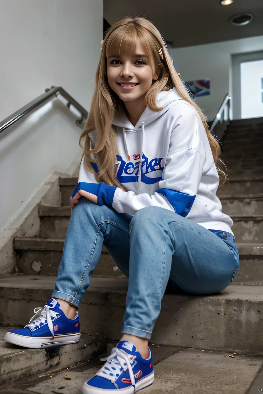 Highest quality, High resolution, 8k wallpaper, Beautiful woman, Sitting on the stairs 、 oversized pepsi hoodie, Skinny jeans, White sneakers 、 、 Loose blonde hair 、 Beautiful Bangs 、ear piercing、smile、Beautiful teeth alignment,Long Hair,