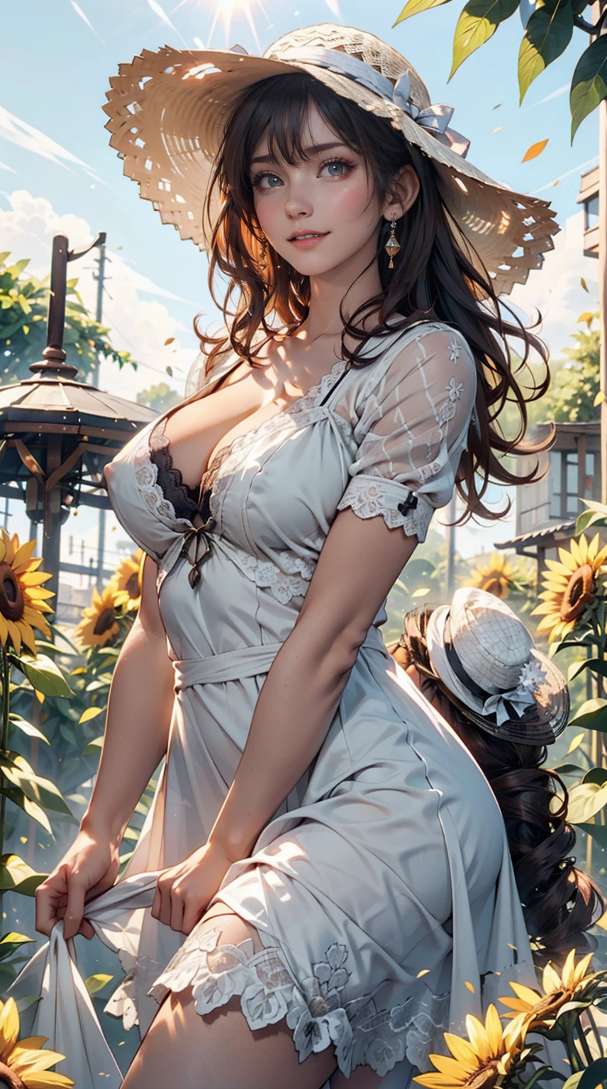 Fuwa Aika,One girl,alone, (White lace dress:1.2),loose fitting dress (sun visor hat:1.2), Sunflower field, Under the sunlight, A light smile,View your viewers, Wind, dynamic, Strong light and shadow,dynamic pose,Nipple swelling emphasis