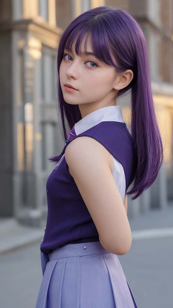 European girl.  Facial details.  Delicate facial features.  Half-closed eyes.  blue eyes.  Long Straight Hairstyle. Purple Hair.  A calm face. ((Sexy and dynamic pose)). (School uniform). Beautiful thighs. Beautiful bust. Beautiful background. 