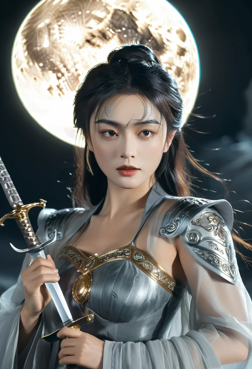 Bust Close-up,Dancing with swords,Big Moon,Beautiful light and shadow,Delicate facial features,black gold,poster,photography,Blockbuster movies
