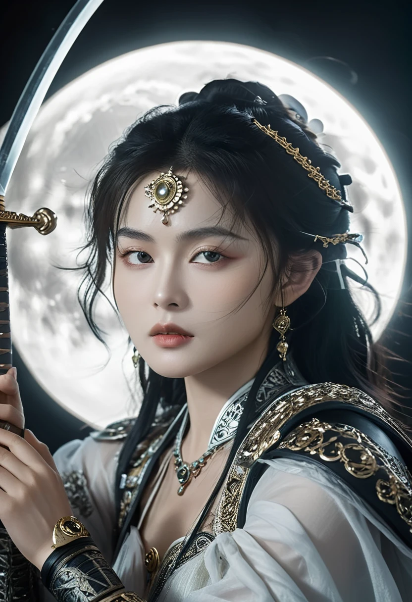 Bust Close-up,Dancing with swords,Big Moon,Beautiful light and shadow,Delicate facial features,black gold,poster,photography,Blockbuster movies