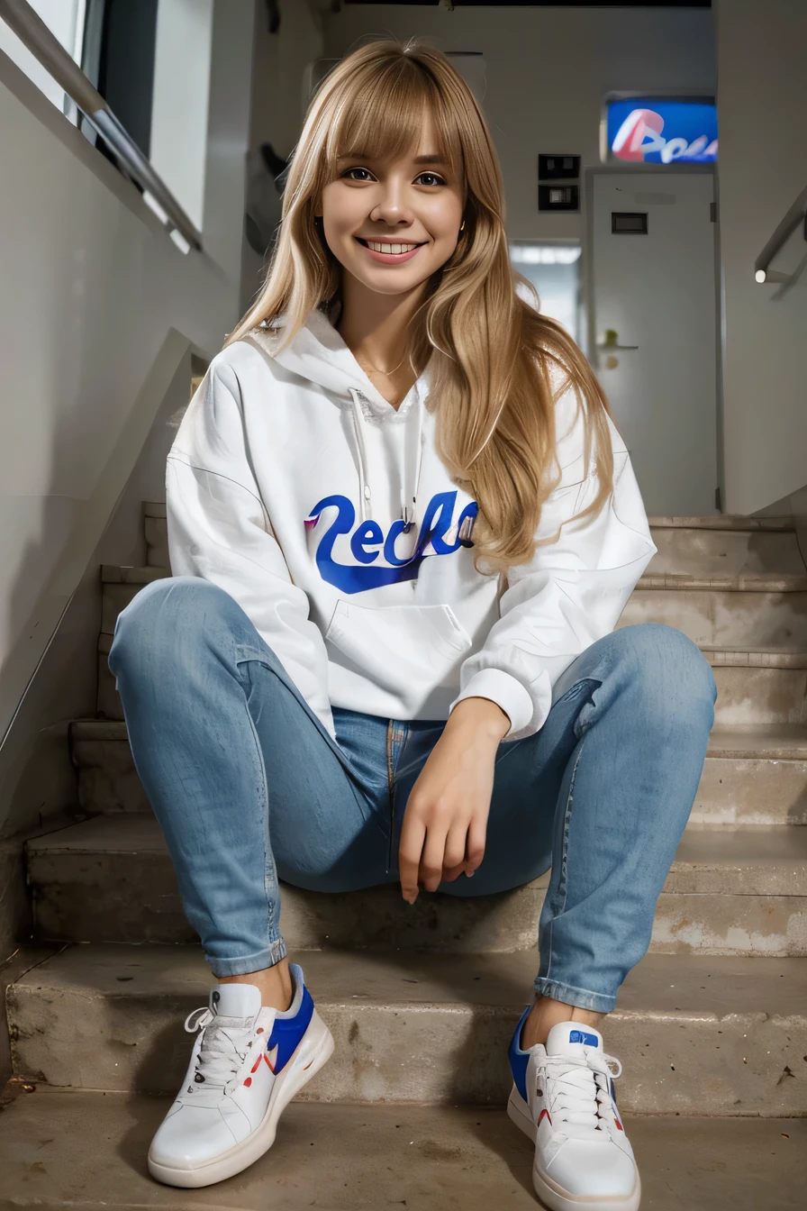 Highest quality, High resolution, 8k wallpaper, Beautiful woman, Sitting on the stairs 、 oversized pepsi hoodie, Skinny jeans, White sneakers 、 、 Loose blonde hair 、 Beautiful Bangs 、ear piercing、smile、Beautiful teeth alignment,Long Hair,