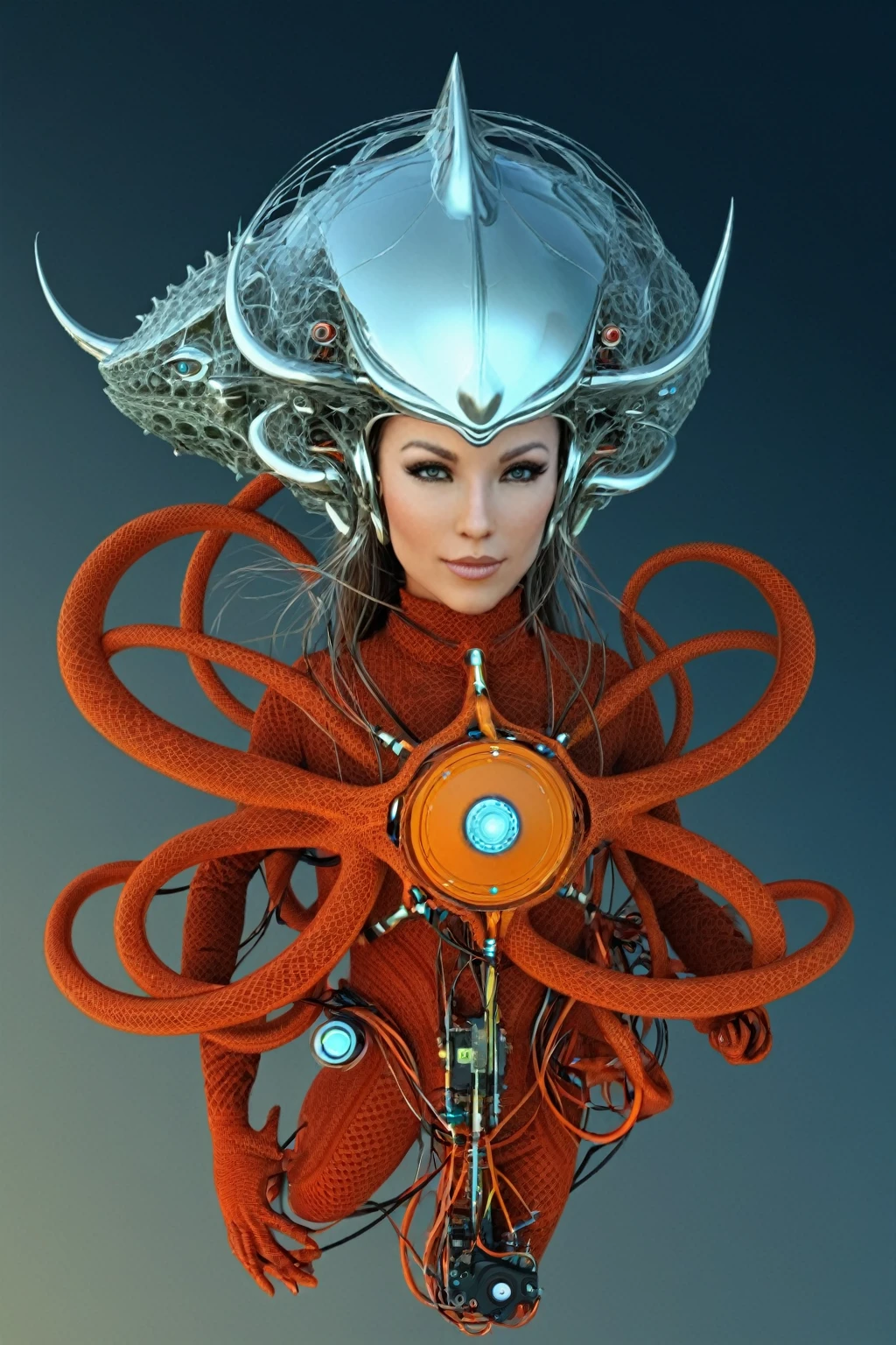 Dragon femme elfe, mécanique automobile, circuit électronique, fractal, polyèdres très détaillée complexe,